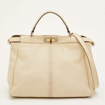 Pre Owned Fendi Peekaboo Large Cream Leather Top Handle Bag