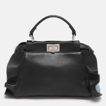 Pre Owned Fendi Ruffle Peekaboo Mini Black Leather Top Handle Bag