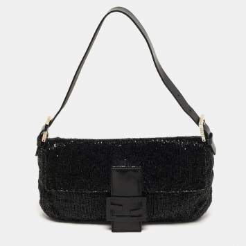 Pre Owned Fendi Baguette Black Beaded and Leather Flap Bag