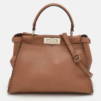 Pre Owned Fendi Peekaboo Medium Brown Leather Selleria Top Handle Bag