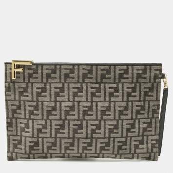 Pre Owned Fendi Logo Zip Grey/Black Zucca Velvet Flat Wristlet Clutch