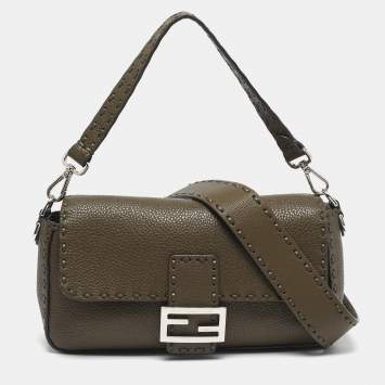 Pre Owned Fendi Baguette Selleria Olive Brown Leather Shoulder Bag