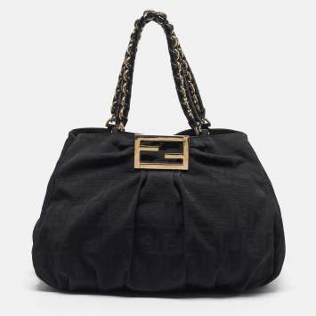 Pre Owned Fendi Mia Large Black Zucca Fabric and Leather Patent Leather Shoulder Bag