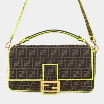 Pre Owned Fendi Zucca Mamma Bucket 2-Way Shoulder Bag Brown/Neon Yellow Canvas Size Large