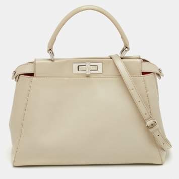 Pre Owned Fendi Peekaboo Cream Medium Leather Top Handle Bag