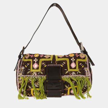 Pre Owned Fendi Brown Cotton Beaded Embroidered Baguette Handbag