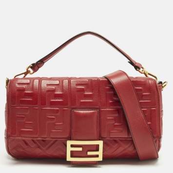 Pre Owned Fendi Baguette Large Red Zucca Embossed Leather Shoulder Bag