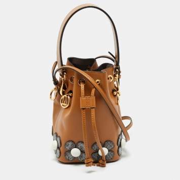 Pre Owned Fendi Floral Patch Mon Tresor Mini Brown Leather and Watersnake Bucket Bag