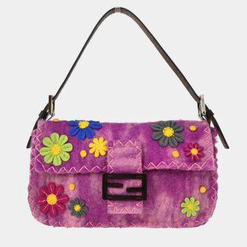 Pre Owned Fendi Purple Felt Patchwork Baguette Handbag
