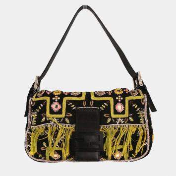 Pre Owned Fendi Black Cotton Beaded Embroidered Baguette Handbag