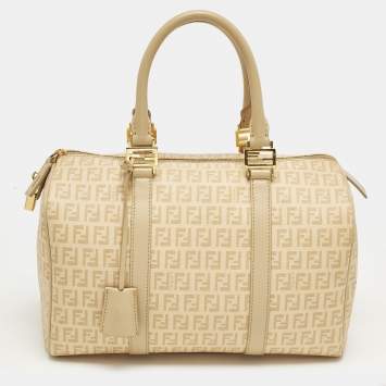 Pre Owned Fendi Forever Bauletto Medium Beige Zucchino Spalmati Canvas Boston Bag