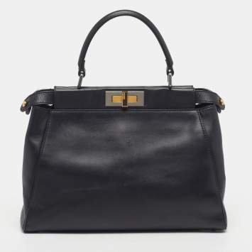Pre Owned Fendi Peekaboo Regular Black Leather Top Handle Bag w/Peekaboo Defender Cover