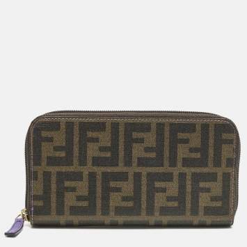 Pre Owned Fendi Tobacco/Purple Zucca Coated Canvas Zip Around Wallet