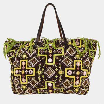 Pre Owned Fendi Brown Canvas Beads Embroidered Tote Handbag