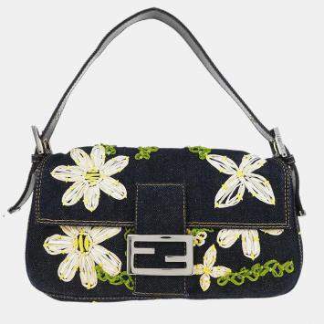 مملوكة مسبقًا Fendi Navy Denim Flower Embroidered Baguette Handbag