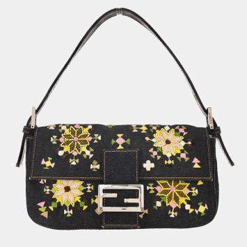 مملوكة مسبقًا Fendi Navy Denim Beaded Baguette Handbag