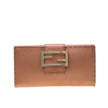 Pre Owned Fendi Rose Gold Metallic Leather Selleria Wallet