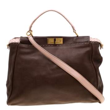 Pre Owned Fendi Brown/Pink Selleria Leather Large Peekaboo Top Handle Bag