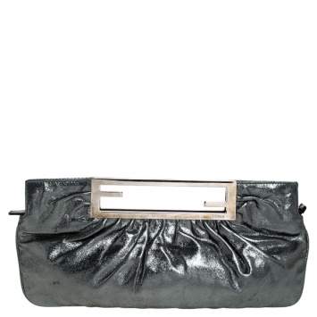 Pre Owned Fendi Metallic Grey Leather Cutout Handle Clutch