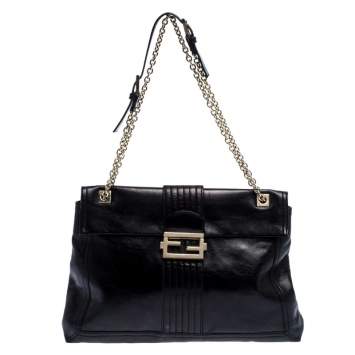 Pre Owned Fendi Black Leather Maxi Baguette Flap Shoulder Bag