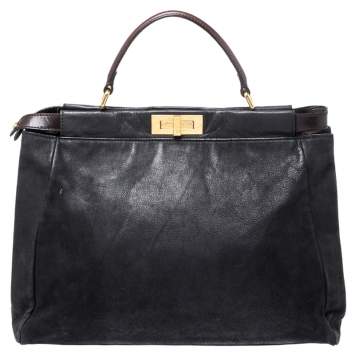 Pre Owned Fendi Black Nubuck Leather Large Peekaboo Top Handle Bag