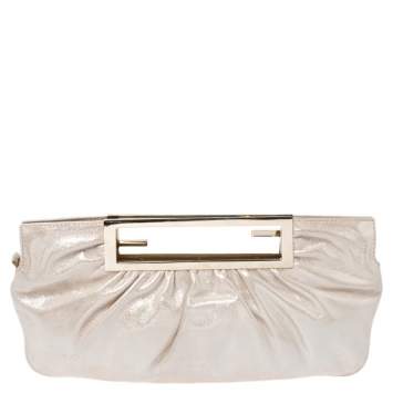 Pre Owned Fendi Metallic Beige Leather Cutout Handle Clutch