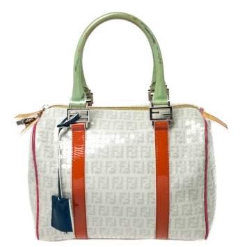Pre Owned Fendi Multicolor Zucchino Coated Canvas/Sequins and Patent Leather Small Forever Bauletto Boston Bag