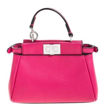Pre Owned Fendi Magenta Leather Micro Peekaboo Top Handle Bag