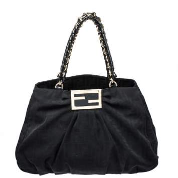 Pre Owned Fendi Black Zucca Canvas Large Mia Shoulder Bag