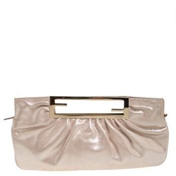 Pre Owned Fendi Metallic Beige Leather Cutout Handle Clutch