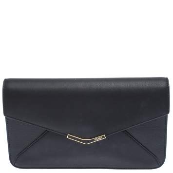 Pre Owned Fendi Black Leather 2 Jours Envelope Clutch