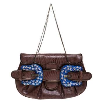 Pre Owned Fendi Brown Watersnake and Beads B Bis Chain Clutch