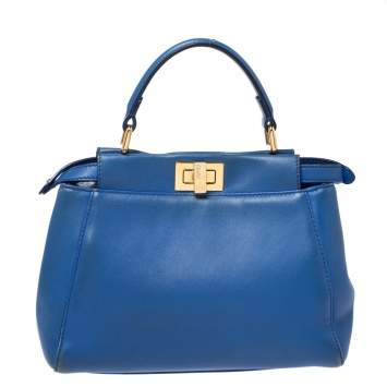 Pre Owned Fendi Blue Leather Mini Peekaboo Top Handle Bag