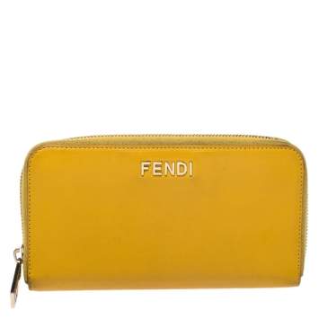 Pre Owned Fendi Yellow Leather Zip Around Wallet
