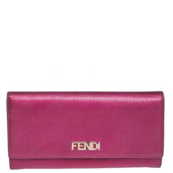 Pre Owned Fendi Magenta Leather Logo Flap Continental Wallet