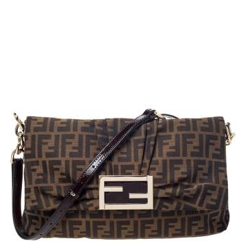 Pre Owned Fendi Tobacco Zucca Canvas and Patent Leather Mia Flap Bag
