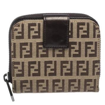 Pre Owned Fendi Beige/Brown Zucchino Canvas and Leather Compact Wallet