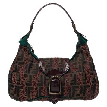 Pre Owned Fendi Brown/Green Zucca Floral Embroidered Canvas and Leather Buckle Flap Hobo
