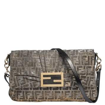 Pre Owned Fendi Gold/Silver Zucca Glitter Jacquard Fabric Mia Flap Bag