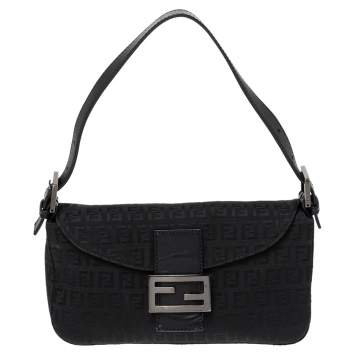 Pre Owned Fendi Black Zucchino Canvas and Leather Mama Baguette Bag
