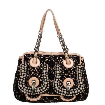 Pre Owned Fendi Black/Beige Lace and Leather Beads Embellished B Shoulder Bag