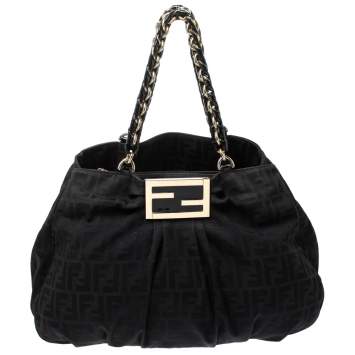 Pre Owned Fendi Black Canvas and Patent Leather Large Mia Shoulder Bag
