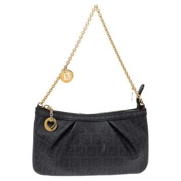 Pre Owned Fendi Black Zucchino Coated Canvas Baguette Chain Bag