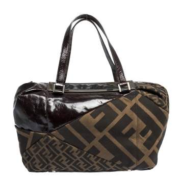 Pre Owned Fendi Tobacco Zucca Canvas and Patent Leather Raddica Boston Bag
