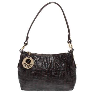 Pre Owned Fendi Dark Brown Zucca Embossed Leather Chef Hobo