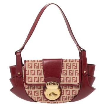 Pre Owned Fendi Red/Beige Canvas and Leather Pochette Bag