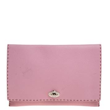 Pre Owned Fendi Pink Leather Selleria Flap Clutch