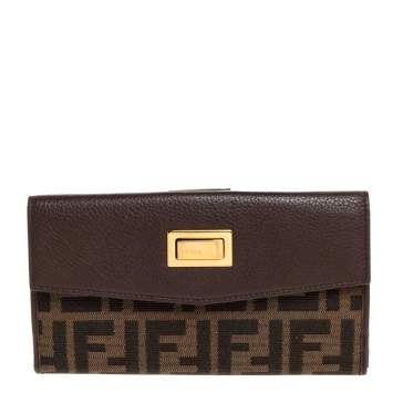 Pre Owned Fendi Brown Zucca Canvas and Leather Continental Wallet