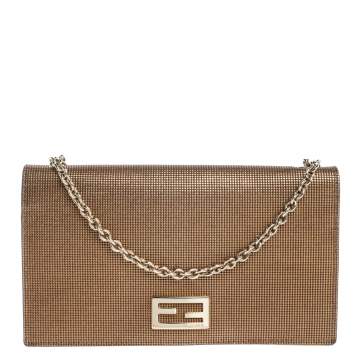 Pre Owned Fendi Gold Mesh Effect Leather FF Wallet On Chain