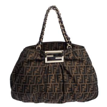 Pre Owned Fendi Tobacco/Black Zucca Canvas and Patent Leather Large Mia Shoulder Bag